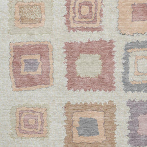 HomeRoots 8' Stylish Peach, Ivory & Blue Geometric Washable Round Rug with UV Protection for Modern Homes 711014