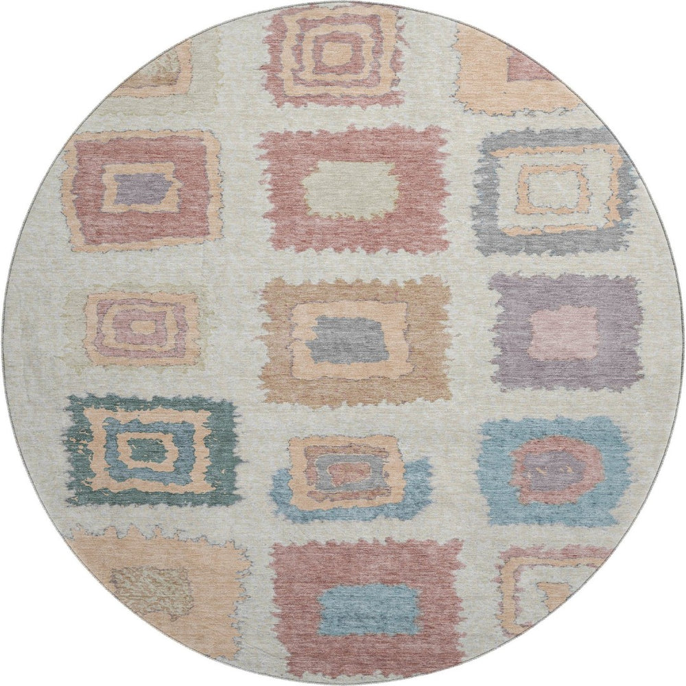 HomeRoots 8' X 10' Washable Peach Ivory Blue Geometric Area Rug with UV Protection for Modern Homes 711015