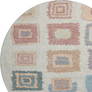 HomeRoots 8' X 10' Washable Peach Ivory Blue Geometric Area Rug with UV Protection for Modern Homes 711015