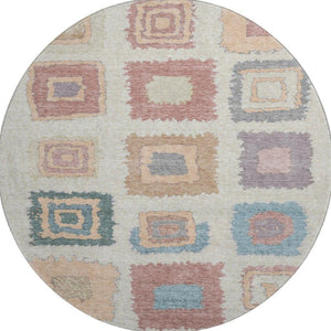 HomeRoots 8' X 10' Washable Peach Ivory Blue Geometric Area Rug with UV Protection for Modern Homes 711015