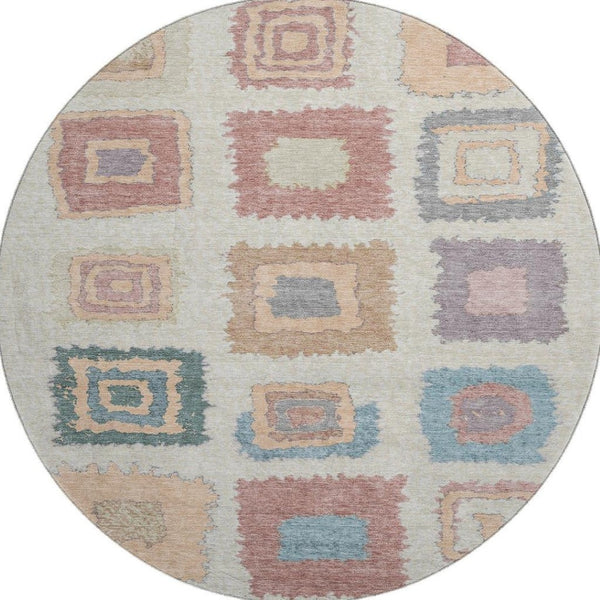 HomeRoots 8' X 10' Washable Peach Ivory Blue Geometric Area Rug with UV Protection for Modern Homes 711015
