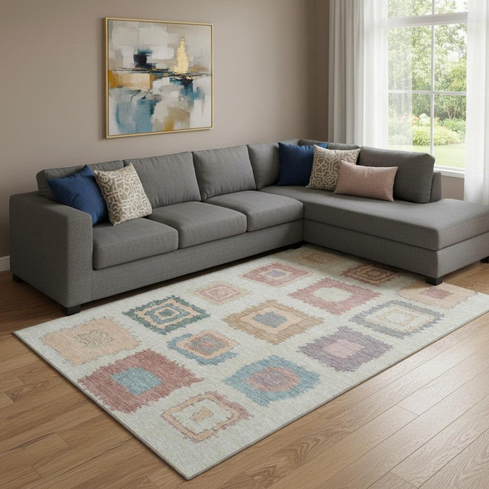 HomeRoots 9' X 12' Stylish Peach Ivory and Blue Geometric Washable Area Rug with UV Protection & Non-Slip Backing 711016