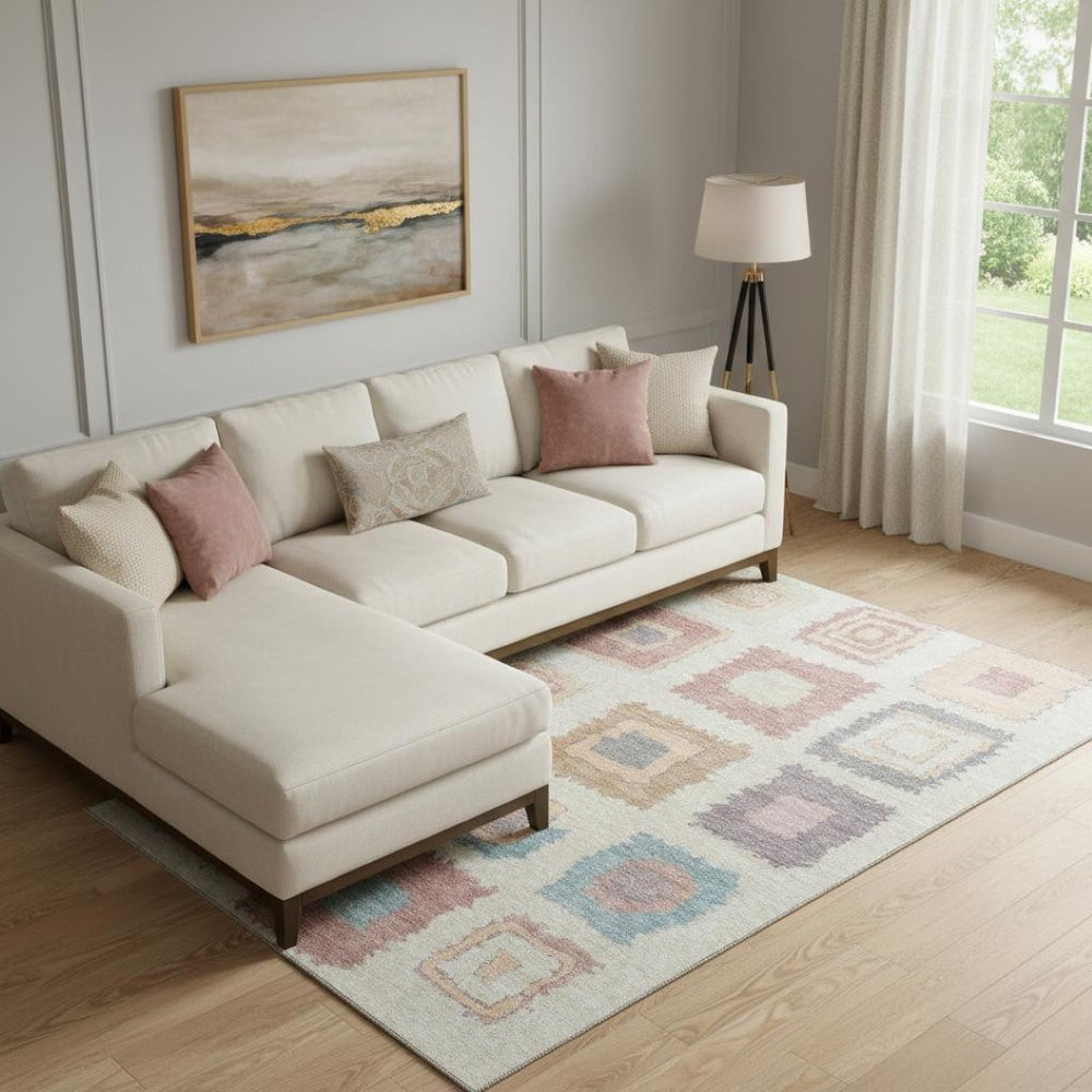 HomeRoots 10' X 14' Stylish Peach, Ivory & Blue Geometric Area Rug – Washable, UV Protected & Pet Friendly! 711017
