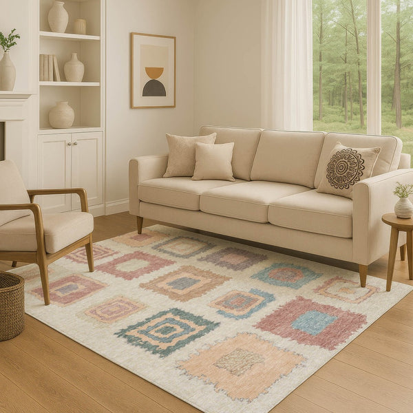 HomeRoots 10' X 14' Stylish Peach, Ivory & Blue Geometric Area Rug – Washable, UV Protected & Pet Friendly! 711017