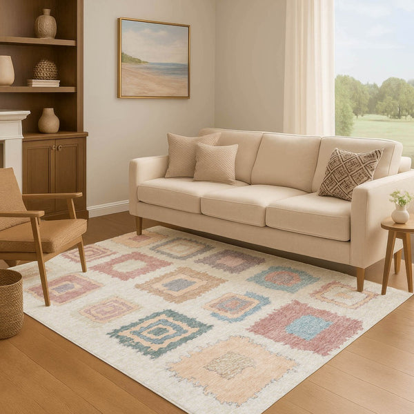 HomeRoots 10' X 14' Stylish Peach, Ivory & Blue Geometric Area Rug – Washable, UV Protected & Pet Friendly! 711017