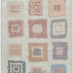 HomeRoots 10' X 14' Stylish Peach, Ivory & Blue Geometric Area Rug – Washable, UV Protected & Pet Friendly! 711017