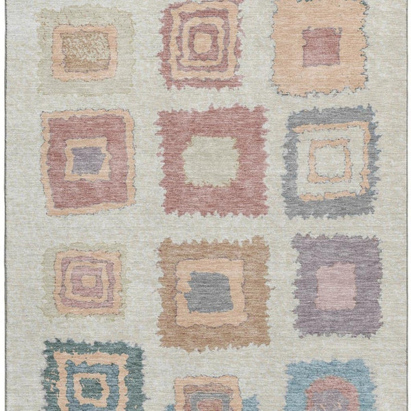 HomeRoots 10' X 14' Stylish Peach, Ivory & Blue Geometric Area Rug – Washable, UV Protected & Pet Friendly! 711017