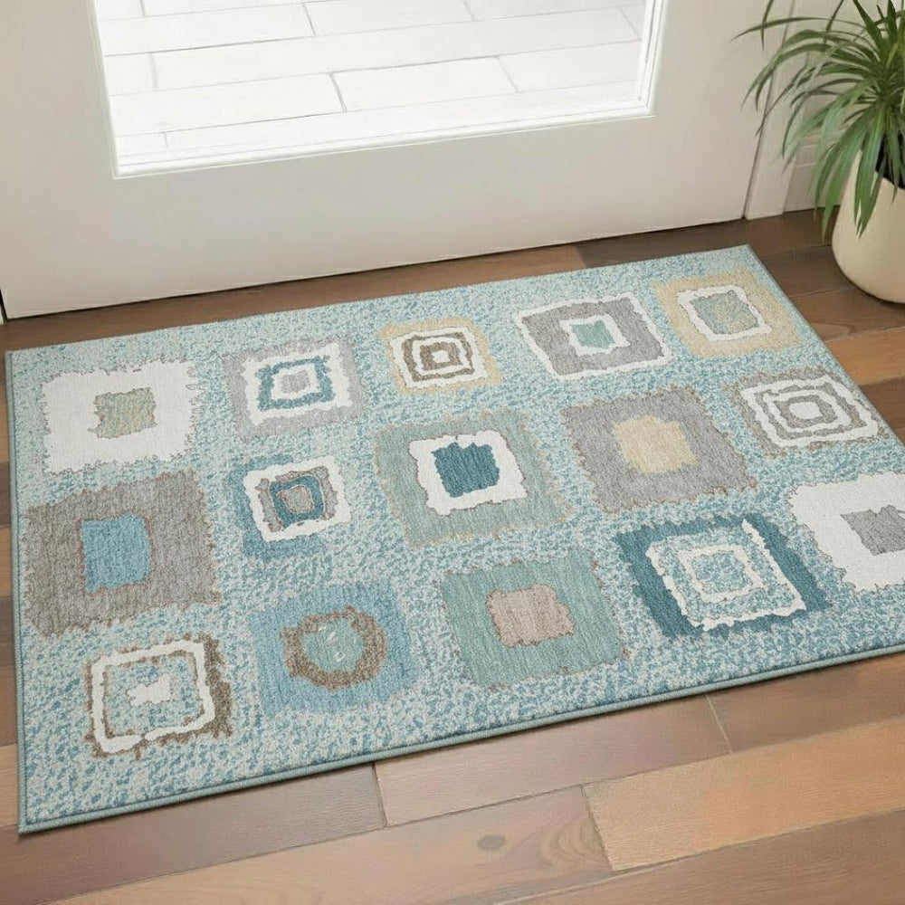 HomeRoots 5' X 8' Stylish Teal Ivory Beige Geometric Washable Area Rug with UV Protection & Stain Resistance 711019