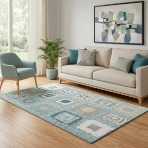 HomeRoots 8' Teal Ivory and Beige Geometric Washable Round Rug - UV Protected, Durable & Easy-Care Design 711020