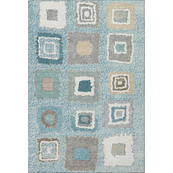 HomeRoots 8' Teal Ivory and Beige Geometric Washable Round Rug - UV Protected, Durable & Easy-Care Design 711020