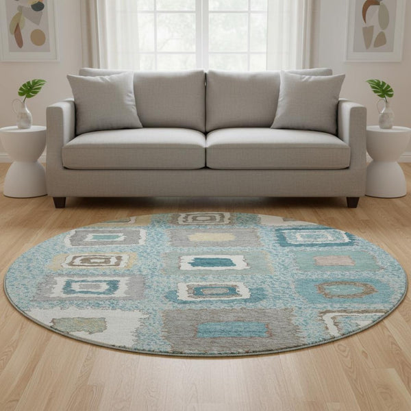 HomeRoots 8' X 10' Teal Ivory Beige Geometric Area Rug – Stain-Resistant, Washable, UV Protected for Family Fun 711021