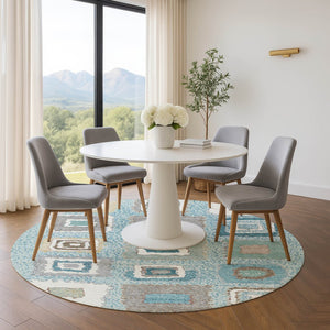HomeRoots 8' X 10' Teal Ivory Beige Geometric Area Rug – Stain-Resistant, Washable, UV Protected for Family Fun 711021