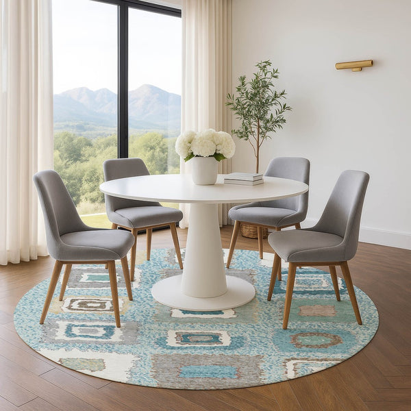 HomeRoots 8' X 10' Teal Ivory Beige Geometric Area Rug – Stain-Resistant, Washable, UV Protected for Family Fun 711021