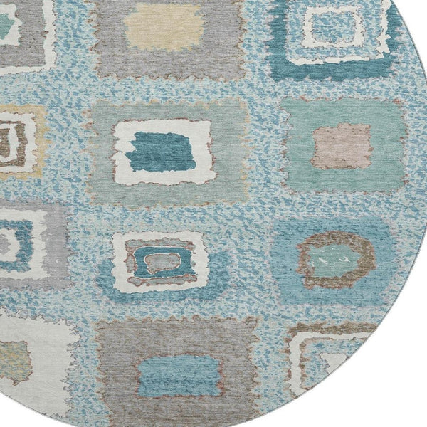 HomeRoots 8' X 10' Teal Ivory Beige Geometric Area Rug – Stain-Resistant, Washable, UV Protected for Family Fun 711021