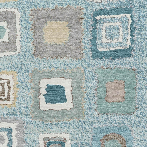 HomeRoots 9' X 12' Vibrant Teal, Ivory & Beige Geometric Washable Area Rug with UV Protection for Durability 711022