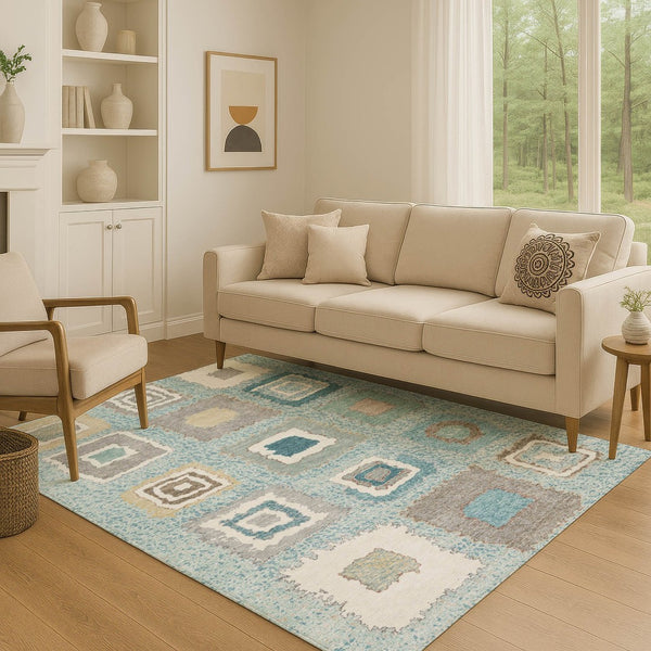 HomeRoots 10' X 14' Teal Ivory Beige Geometric Area Rug - Washable, UV Protected, Perfect for Active Homes! 711023