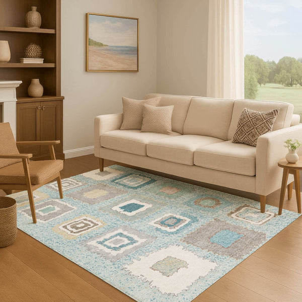 HomeRoots 10' X 14' Teal Ivory Beige Geometric Area Rug - Washable, UV Protected, Perfect for Active Homes! 711023