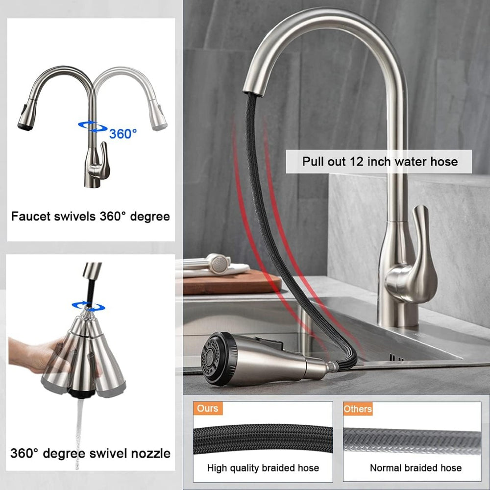 English Elm Single Handle Pull Down Kitchen Faucet Brushed Nickel Steel with 4 Spray Modes T3177P477541