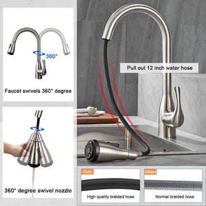 English Elm Single Handle Pull Down Kitchen Faucet Brushed Nickel Steel with 4 Spray Modes T3177P477541