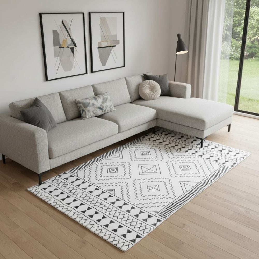 HomeRoots 8' X 10' Modern Black and Off-White Geometric Area Rug - Stylish, Durable, Stain-Resistant Design 711151