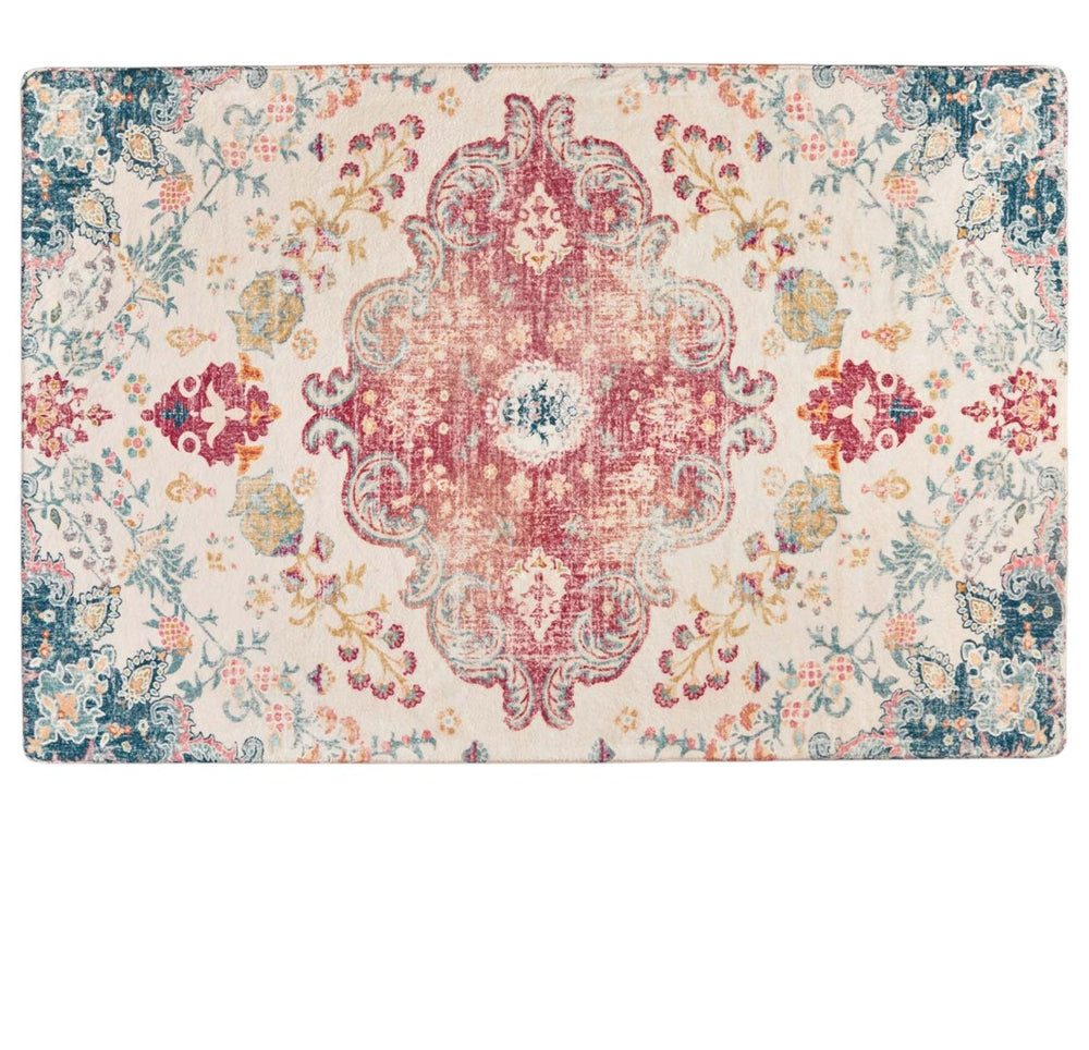 HomeRoots 8' X 10' Elegant Blue Pink Ivory Medallion Area Rug - Distressed, Stain-Resistant, Soft & Durable Comfort 711155