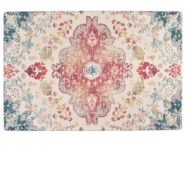 HomeRoots 8' X 10' Elegant Blue Pink Ivory Medallion Area Rug - Distressed, Stain-Resistant, Soft & Durable Comfort 711155