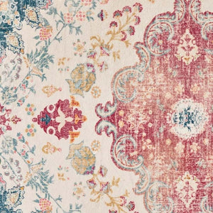 HomeRoots 8' X 10' Elegant Blue Pink Ivory Medallion Area Rug - Distressed, Stain-Resistant, Soft & Durable Comfort 711155