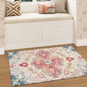 HomeRoots 8' X 10' Elegant Blue Pink Ivory Medallion Area Rug - Distressed, Stain-Resistant, Soft & Durable Comfort 711155