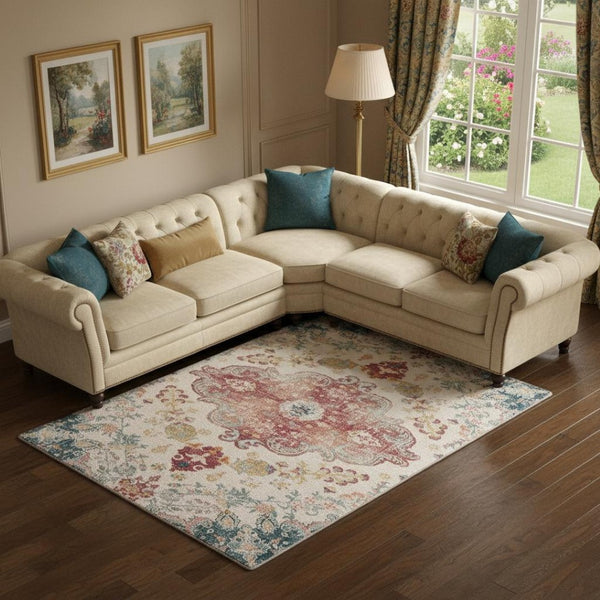 HomeRoots 8' X 10' Elegant Blue Pink Ivory Medallion Area Rug - Distressed, Stain-Resistant, Soft & Durable Comfort 711155