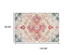 HomeRoots 8' X 10' Elegant Blue Pink Ivory Medallion Area Rug - Distressed, Stain-Resistant, Soft & Durable Comfort 711155