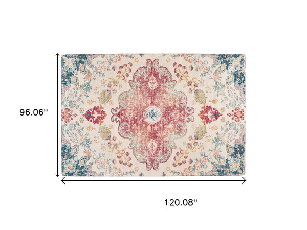 HomeRoots 8' X 10' Elegant Blue Pink Ivory Medallion Area Rug - Distressed, Stain-Resistant, Soft & Durable Comfort 711155