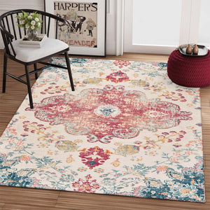 HomeRoots 8' X 10' Elegant Blue Pink Ivory Medallion Area Rug - Distressed, Stain-Resistant, Soft & Durable Comfort 711155