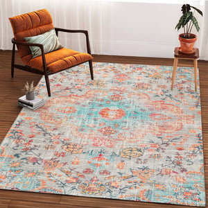 HomeRoots 8' Vintage-Inspired Pink, Blue & Beige Medallion Distressed Area Rug - Durable, Non-Slip & Easy Care 711157
