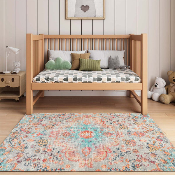 HomeRoots 8' Vintage-Inspired Pink, Blue & Beige Medallion Distressed Area Rug - Durable, Non-Slip & Easy Care 711157