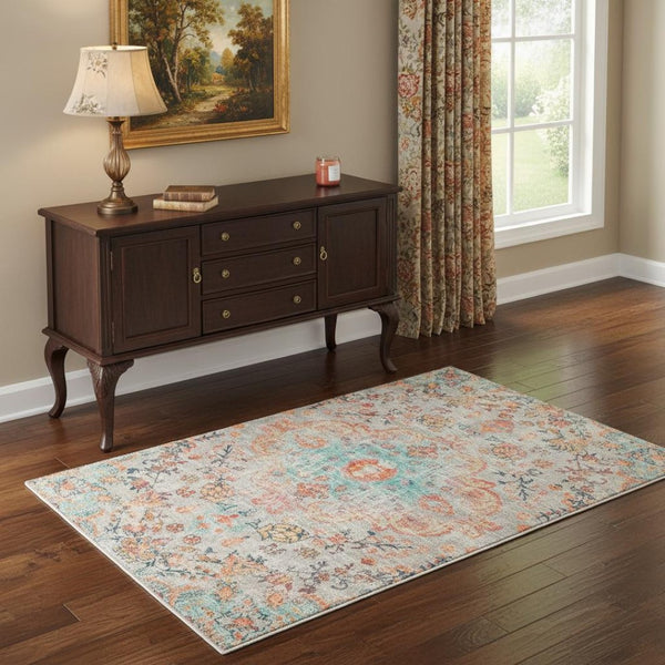 HomeRoots 8' Vintage-Inspired Pink, Blue & Beige Medallion Distressed Area Rug - Durable, Non-Slip & Easy Care 711157