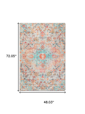 HomeRoots 8' Vintage-Inspired Pink, Blue & Beige Medallion Distressed Area Rug - Durable, Non-Slip & Easy Care 711157