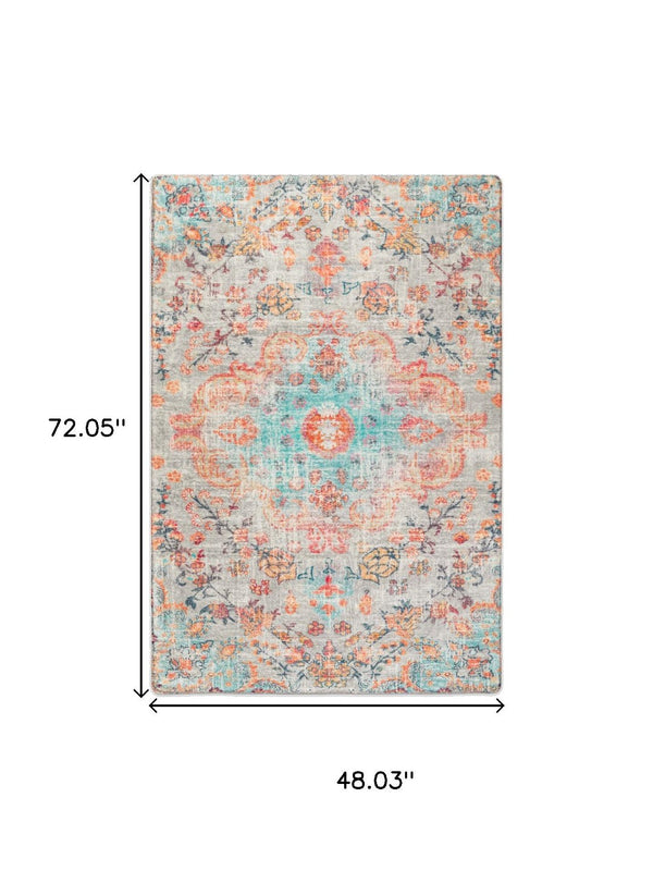 HomeRoots 8' Vintage-Inspired Pink, Blue & Beige Medallion Distressed Area Rug - Durable, Non-Slip & Easy Care 711157