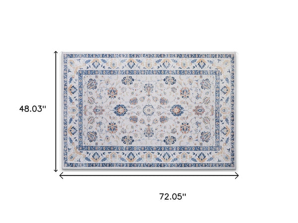 HomeRoots 8' X 10' Geometric Distressed Area Rug in Off-White & Light Blue - Stylish, Durable & Easy Care! 711163