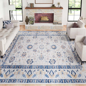 HomeRoots 8' X 10' Geometric Distressed Area Rug in Off-White & Light Blue - Stylish, Durable & Easy Care! 711163