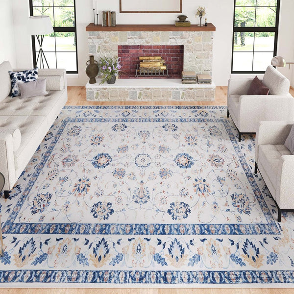 HomeRoots 8' X 10' Geometric Distressed Area Rug in Off-White & Light Blue - Stylish, Durable & Easy Care! 711163