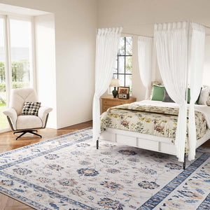 HomeRoots 8' X 10' Geometric Distressed Area Rug in Off-White & Light Blue - Stylish, Durable & Easy Care! 711163