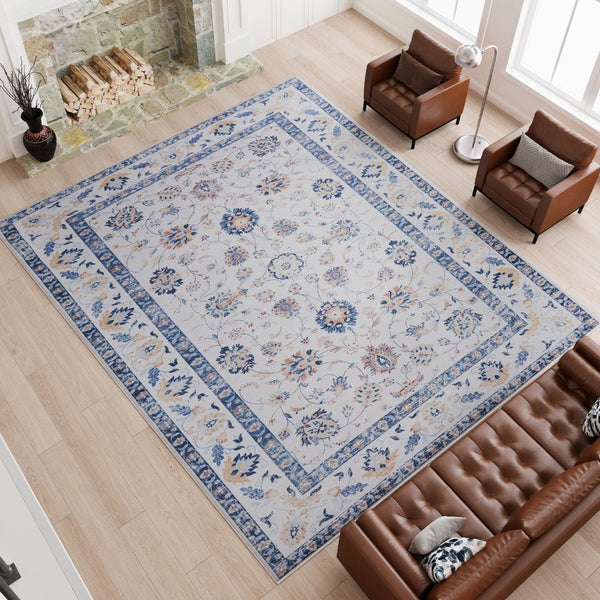HomeRoots 8' X 10' Geometric Distressed Area Rug in Off-White & Light Blue - Stylish, Durable & Easy Care! 711163