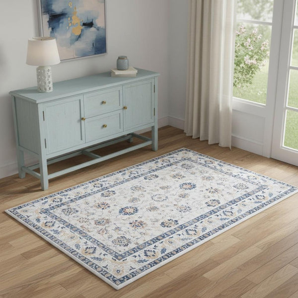 HomeRoots 8' X 10' Geometric Distressed Area Rug in Off-White & Light Blue - Stylish, Durable & Easy Care! 711163