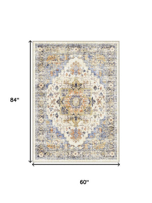 HomeRoots 8' Elegant Ivory Blue Orange Medallion Washable Area Rug for Stylish Living Spaces and Durability 8' X 10' 711199