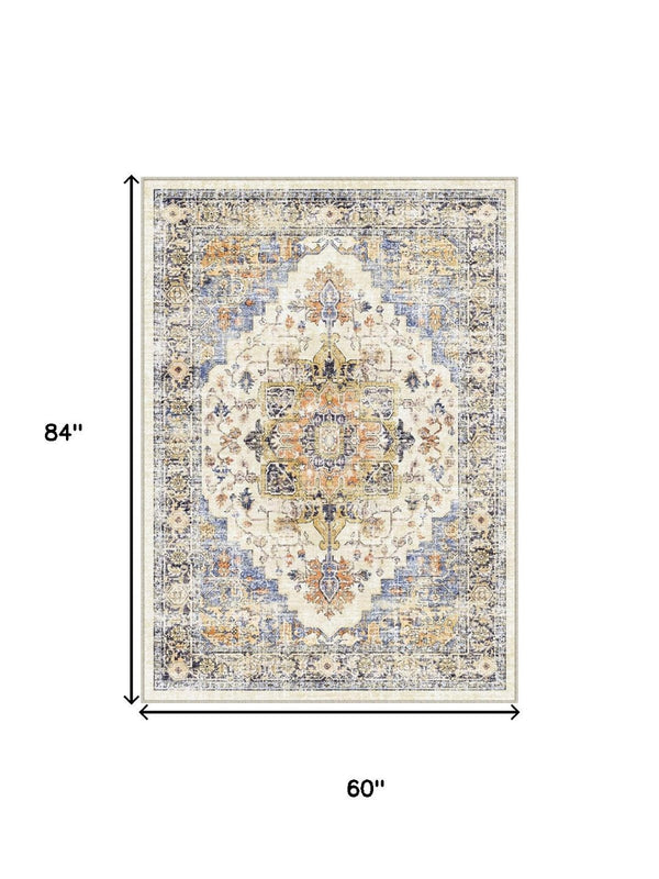 HomeRoots 8' Elegant Ivory Blue Orange Medallion Washable Area Rug for Stylish Living Spaces and Durability 8' X 10' 711199