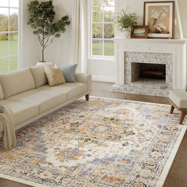 HomeRoots 8' Elegant Ivory Blue Orange Medallion Washable Area Rug for Stylish Living Spaces and Durability 8' X 10' 711199