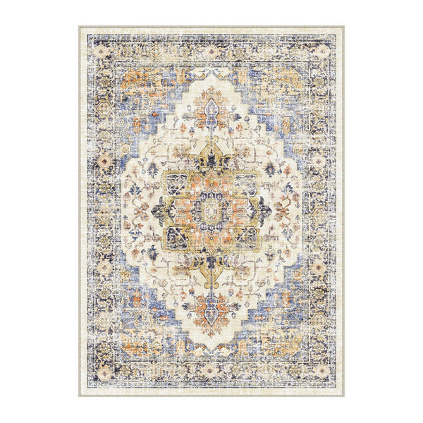 HomeRoots 8' Elegant Ivory Blue Orange Medallion Washable Area Rug for Stylish Living Spaces and Durability 8' X 10' 711199