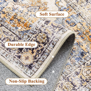 HomeRoots 8' Elegant Ivory Blue Orange Medallion Washable Area Rug for Stylish Living Spaces and Durability 8' X 10' 711199