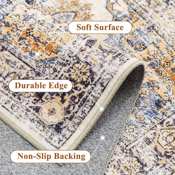 HomeRoots 8' Elegant Ivory Blue Orange Medallion Washable Area Rug for Stylish Living Spaces and Durability 8' X 10' 711199