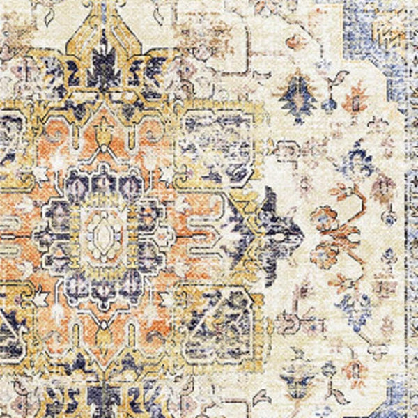 HomeRoots 8' Elegant Ivory Blue Orange Medallion Washable Area Rug for Stylish Living Spaces and Durability 8' X 10' 711199